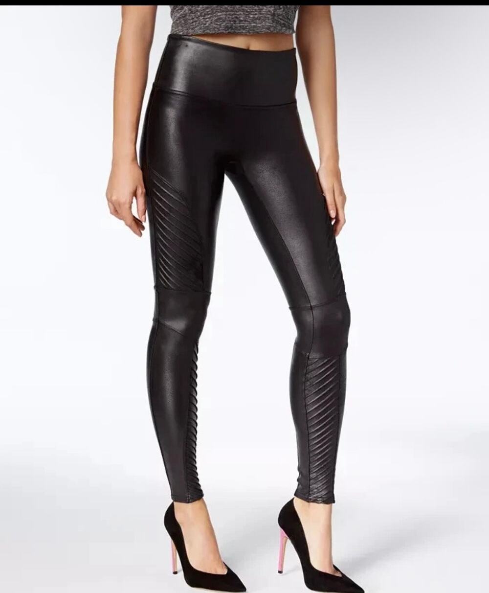 SPANX Faux Leather Moto Leggings Pintuck High Rise Metallic Black Women's S
